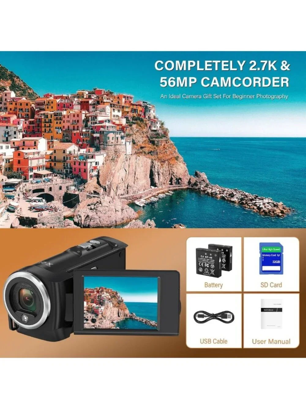 QHD 2.7K Camcorder with 16X Zoom, LED Light, 32GB SD Card & 2 Batteries
